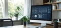 Modern workspace with computer displaying data analytics dashboard, plants, and minimalistic design, copy space for text Royalty Free Stock Photo