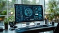 Modern workspace with a computer displaying data visualizations Royalty Free Stock Photo