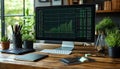 modern workspace with computer displaying financial data and charts surrounded by plants and office supplies on wooden desk Royalty Free Stock Photo