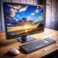 A modern workspace with a computer monitor, keyboard, and mouse in focus