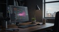 Modern Workspace with Computer Screen Displaying Code in Dim Light Royalty Free Stock Photo