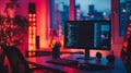 Modern workspace with computer screen displaying code in vibrant lighting Royalty Free Stock Photo