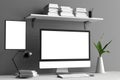 Modern workspace, computer screen and frame mock up. 3D