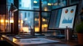 Modern workspace with data analysis on computer screen Royalty Free Stock Photo