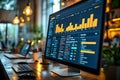 modern office workspace with computer screen displaying colorful data analytics charts and graphs on wooden desk with blurred back Royalty Free Stock Photo