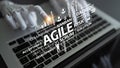 Conceptual visualization of business agility highlighting practices such as scrum, kanban, and collaboration with a hand Royalty Free Stock Photo