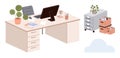 Modern workspace with desk, computer, decor elements, files, and storage for an organized office setup Royalty Free Stock Photo