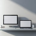 Modern workspace with desktop and laptop on minimalist desk Royalty Free Stock Photo