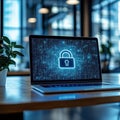 Modern Workspace: Digital Security Focused Laptop Scene with Binary Code