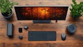modern minimalist workspace with ultrawide monitor displaying autumn forest and sleek black peripherals on wooden desk with plants Royalty Free Stock Photo
