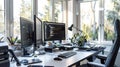 Modern workspace with dual monitors, keyboard, and houseplants in a sunlit office setting Royalty Free Stock Photo