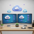 Computer monitors displaying cloud networking icons connected by Royalty Free Stock Photo