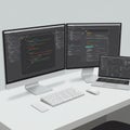A modern workspace features two large desktop monitors and a laptop displaying Royalty Free Stock Photo