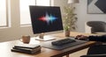 Audio Editing Workspace Computer, Sound Waveform, Desk Royalty Free Stock Photo