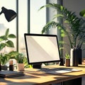 Modern workspace featuring a computer with blank screen and plants in a bright office space Royalty Free Stock Photo