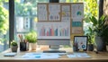 modern workspace with computer and tablet displaying colorful business charts and graphs surrounded by plants and stationery Royalty Free Stock Photo
