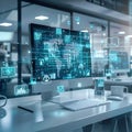 Modern workspace featuring computer displaying digital data management interface with floating icons representing various data Royalty Free Stock Photo