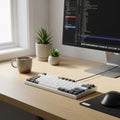 Modern workspace featuring a computer monitor displaying code, a mechanical Royalty Free Stock Photo