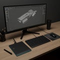 A modern workspace featuring a computer monitor displaying 3D modeling software Royalty Free Stock Photo