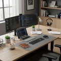 Open also showing code. On the desk are a keyboard mouse small Royalty Free Stock Photo