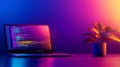 High-Tech Laptop with Code Snippets and Web Development Tools