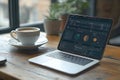 a laptop displaying data analytics and charts next to a steaming cup of coffee on a wooden table in a cozy indoor setting Royalty Free Stock Photo