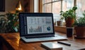 modern workspace with laptop showing data analytics charts and graphs on wooden desk near window with plants Royalty Free Stock Photo