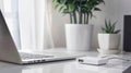 A modern workspace featuring a laptop, a white USB hub, and green plants in pots. The scene is bright and minimalistic Royalty Free Stock Photo