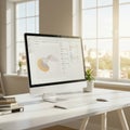Modern workspace featuring a large computer monitor displaying a data visualization Royalty Free Stock Photo