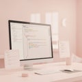 A modern workspace featuring a large desktop computer displaying code on a pink- Royalty Free Stock Photo