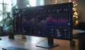 modern curved widescreen monitor displaying complex financial data charts and analytics on a wooden desk in an office setting Royalty Free Stock Photo