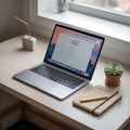 a modern workspace featuring a macbook pro displaying project bloom, a moleskine notebook, a succulent, and a minimalist pen holde Royalty Free Stock Photo