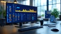 modern workspace featuring multiple monitors displaying data analytics and graphs, showcasing collaborative environment for data