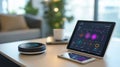 Modern workspace featuring neurofeedback device and real-time brainwave monitoring interface on a wooden desk