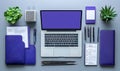 neat and organized flat lay of modern office supplies and technology with purple accents and green plants on gray surface Royalty Free Stock Photo