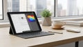 Modern workspace featuring a tablet with keyboard displaying a design Royalty Free Stock Photo