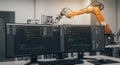 Robotic Arm, Dual Monitors Displaying Code, Modern Technology Concept for Innovation Royalty Free Stock Photo