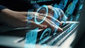 Futuristic Business Data Analytics Interface with Hands Typing on Laptop, Highlighting Data Visualization and Technology Royalty Free Stock Photo