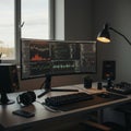 Modern workspace featuring a wide curved monitor displaying data analytics and Royalty Free Stock Photo