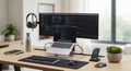 Modern workspace featuring a wooden desk Royalty Free Stock Photo