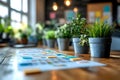 close up of office desk with potted plants and colorful sticky notes on papers in a modern bright workspace environment Royalty Free Stock Photo