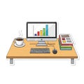 Modern workspace illustration with computer displaying data analysis chart, documents, and steaming coffee on a wooden desk Royalty Free Stock Photo