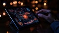 Modern workspace insights nighttime data analysis with interactive tablet visualizations and digital art Royalty Free Stock Photo