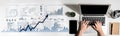 Modern workspace with laptop and analytics data, featuring graphs, charts, and productivity elements for business and Royalty Free Stock Photo