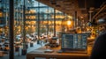 Modern workspace with laptop coding at sunset, software development desk in urban office with warm evening light Royalty Free Stock Photo