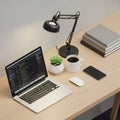 Modern workspace with laptop, coffee, books, and desk lamp on wooden table Royalty Free Stock Photo
