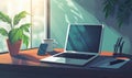 Modern workspace with laptop, smartphone, coffee cup, and plant in bright sunlight Royalty Free Stock Photo