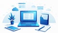 Modern workspace with laptop tablet and plant on desk. Digital data analysis and cloud storage concept for business. Blue tech Royalty Free Stock Photo