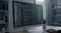A modern workspace with a large monitor displaying a coding interface. The screen Royalty Free Stock Photo
