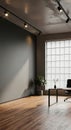Modern workspace with large window and track lighting creating an airy and professional atmosphere Royalty Free Stock Photo